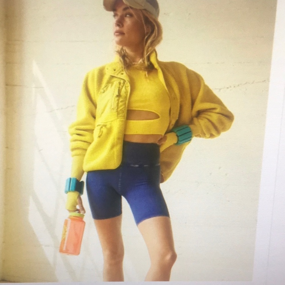 FREE PEOPLE MOVEMENT/“HAPPINESS RUNS”IN GALACTIC BLUE-RIBBED LUREX BIKE SHORTS